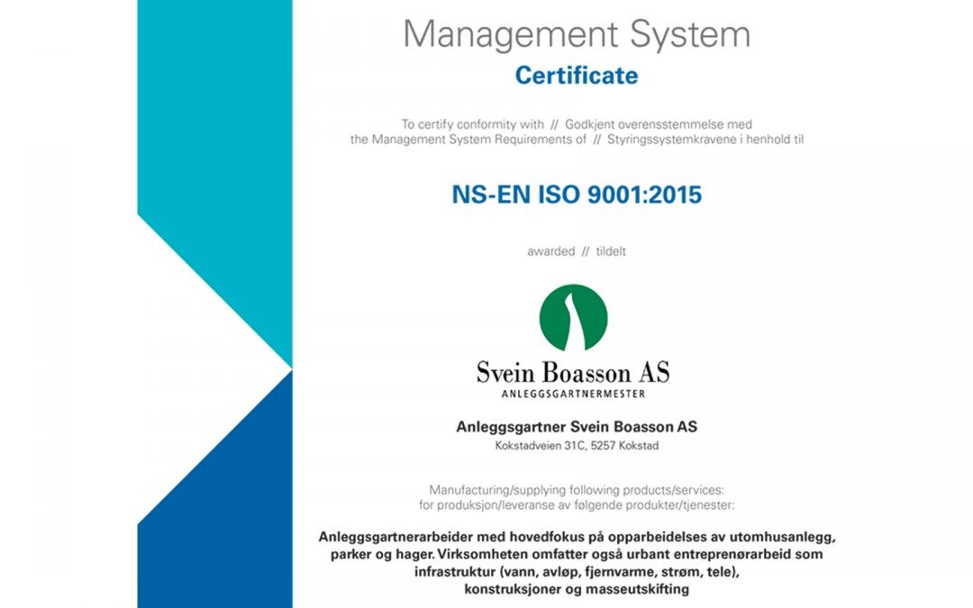 Boasson AS er nå ISO-sertifisert